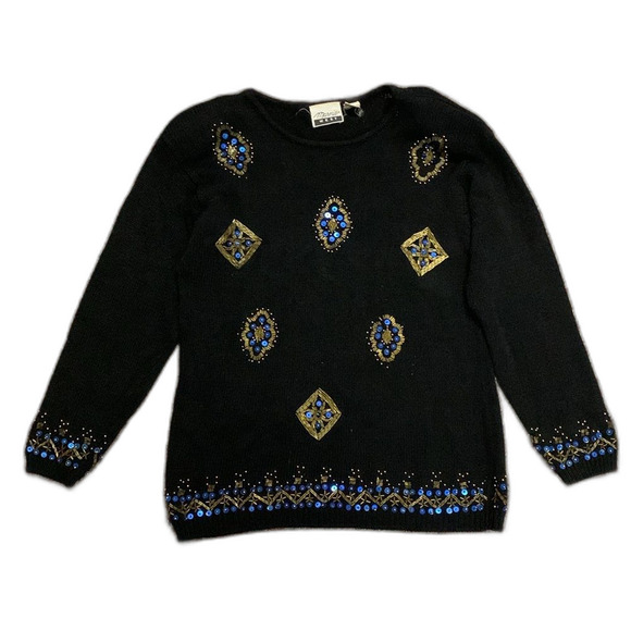 Vintage Marnie Black Cotton Blue Gold Beaded Holiday Tunic Sweater Size M - Picture 1 of 13